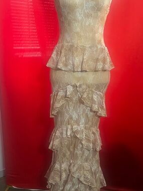 Women's Beige Lace Peplum Ruffle Maxi Dress
